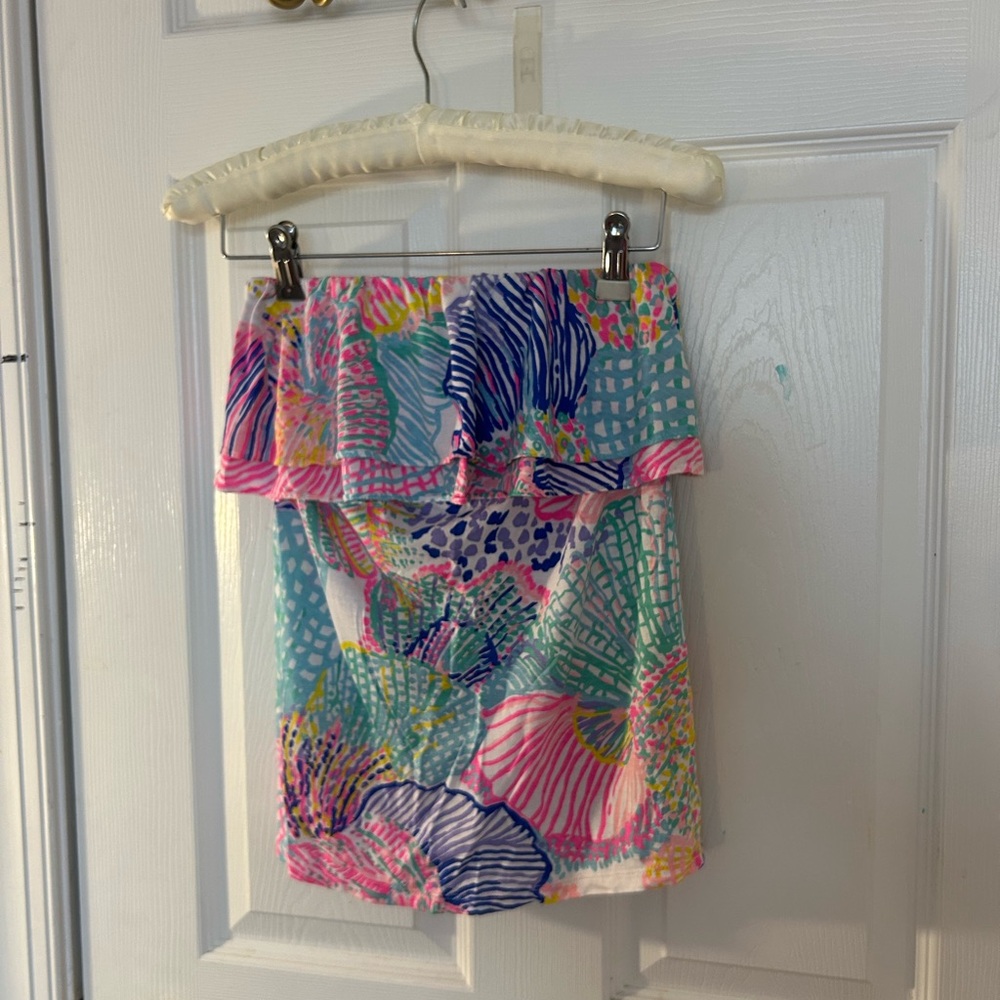 Lilly Pulitzer Strapless Ruffle Tropical Print Dress — Pink, Aqua, Blue